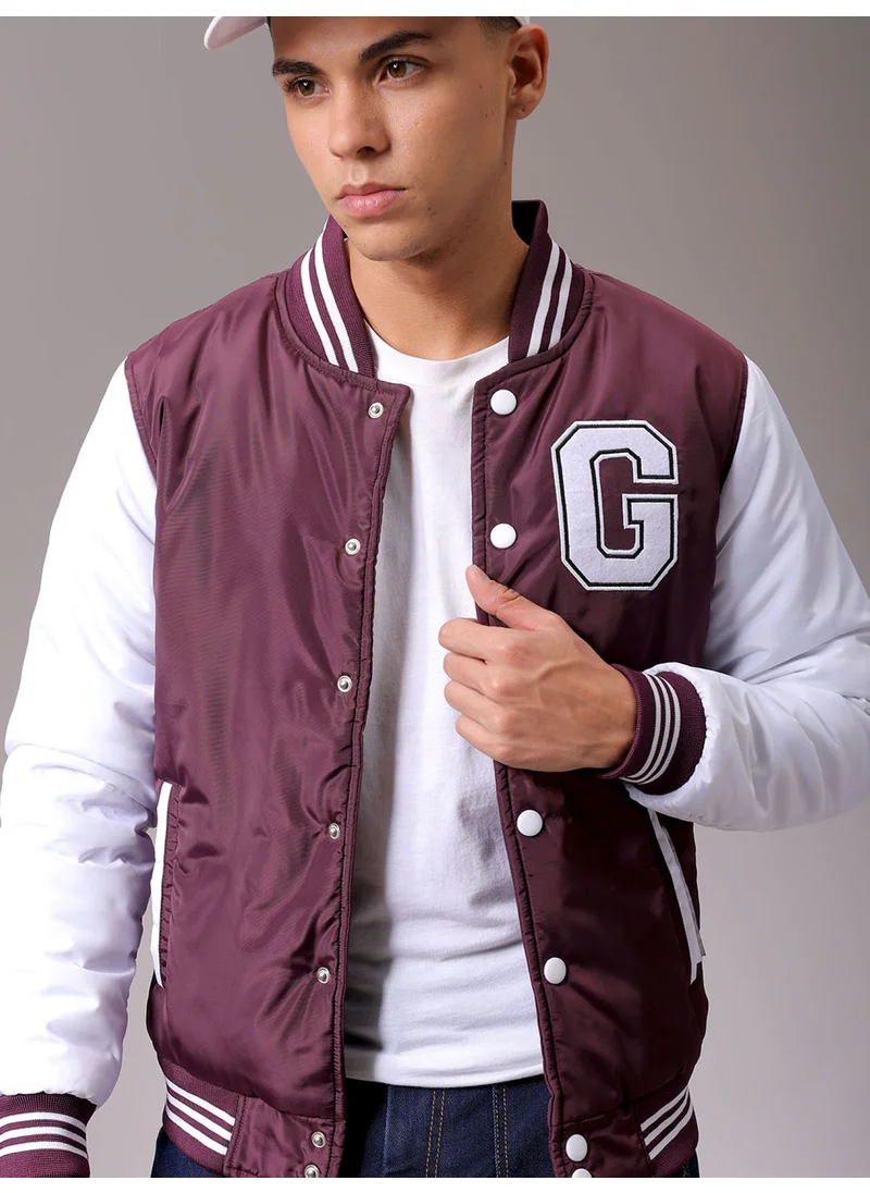 The Indian Garage Co Mens Maroon Slim Fit Color Block Self Fold Placket Side Pocket Winter Jacket