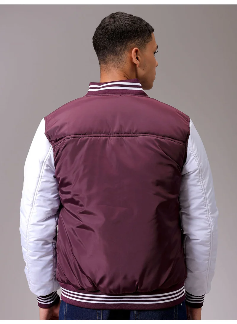 شركة المرآب الهندية Mens Maroon Slim Fit Color Block Self Fold Placket Side Pocket Winter Jacket