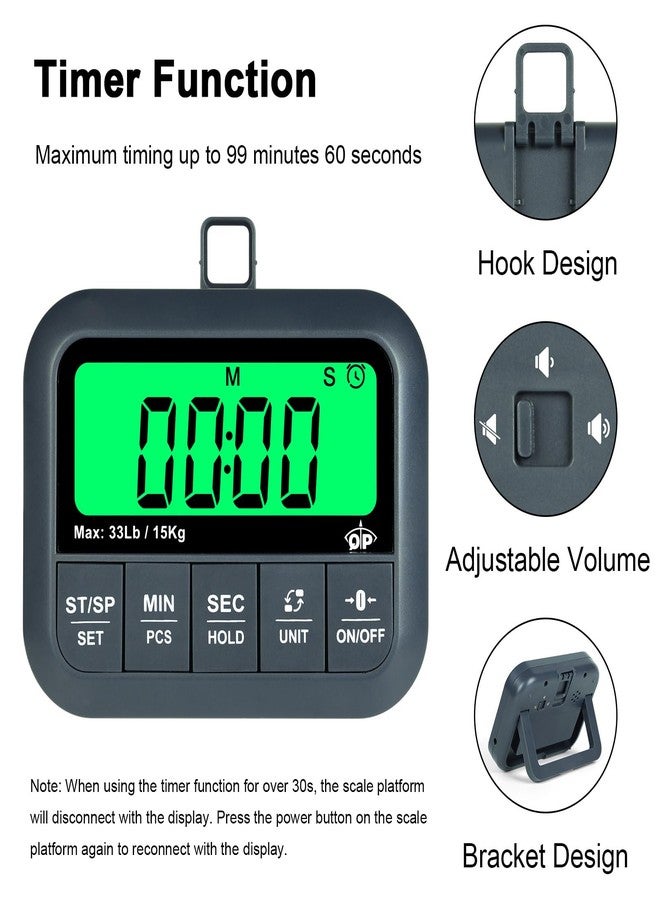 QP Wireless Food Scale, 33lb/0.04oz Digital Kitchen Scale, Meat Scale with Timer Function, 9 Units, Tare/Hold/PCS Function, Auto Off, LCD Display, Digital Food Scale for Cooking, Baking, Postage - Image 4