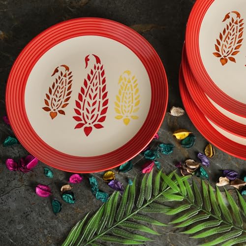Caffeine Ceramic Handmade Stoneware Red Boota Quarter Plate 8”(Set of 4 Dishwasher & Microwave Safe) - Image 1