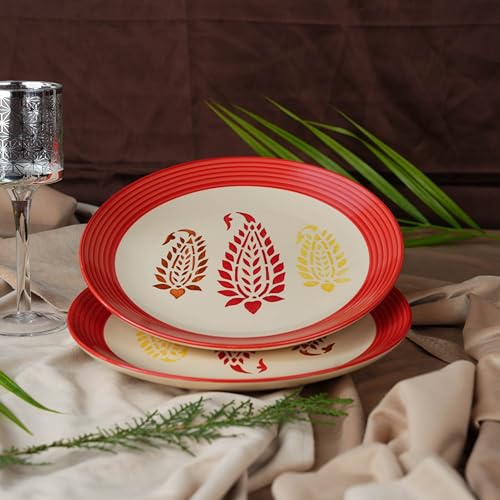 Caffeine Ceramic Handmade Stoneware Red Boota Quarter Plate 8”(Set of 4 Dishwasher & Microwave Safe) - Image 3