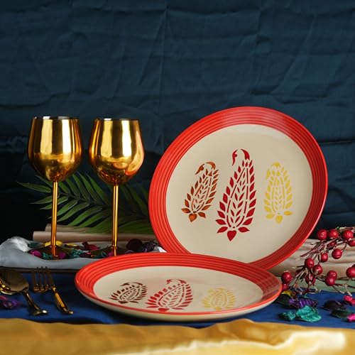 Caffeine Ceramic Handmade Stoneware Red Boota Quarter Plate 8”(Set of 4 Dishwasher & Microwave Safe) - Image 2