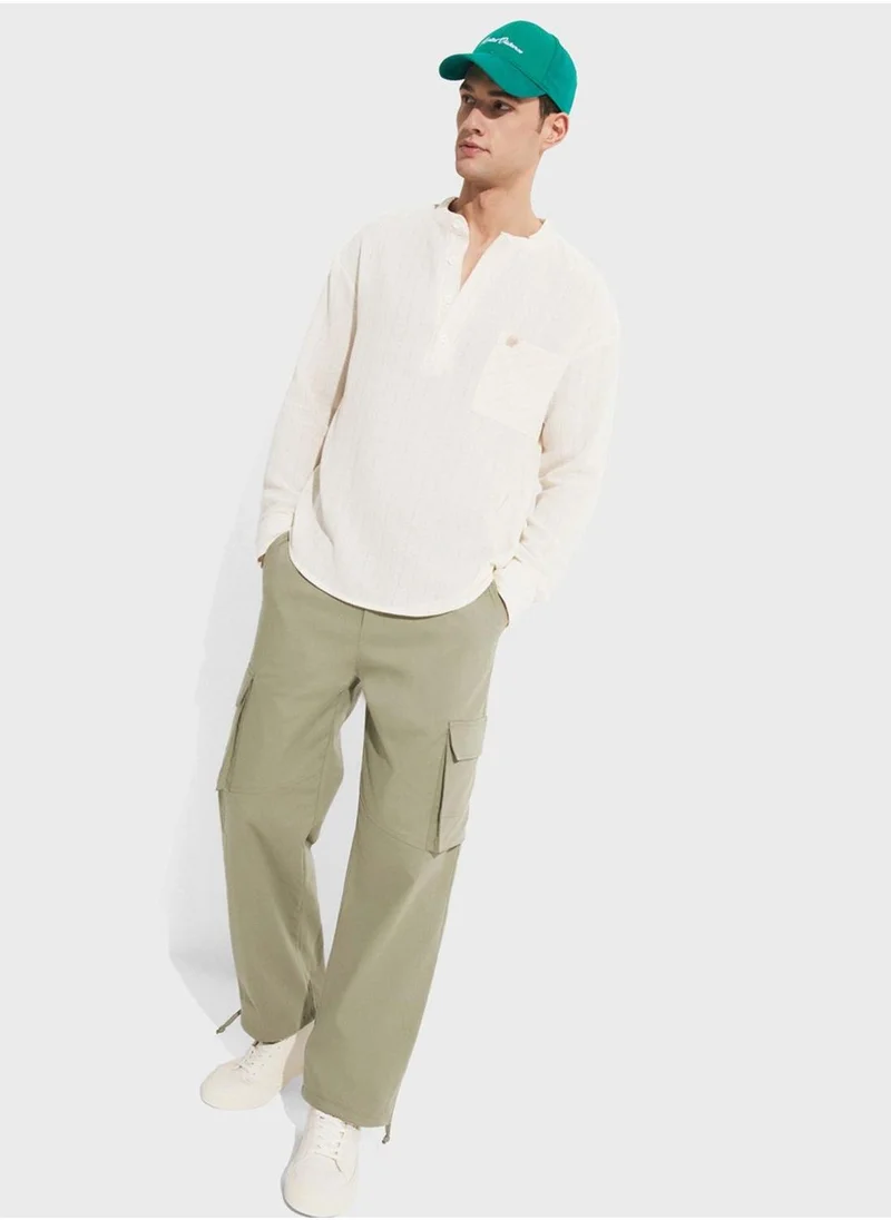JUNE Striped Grandad Collar Shirt