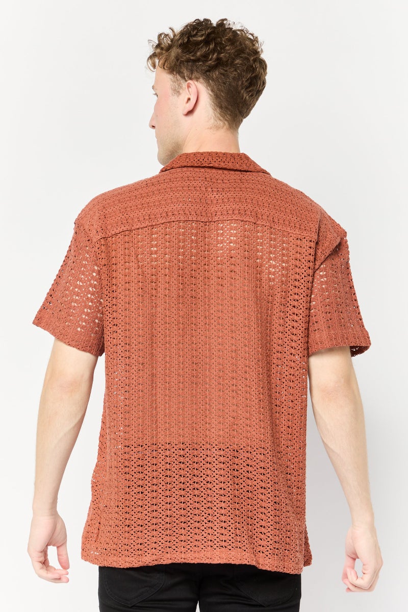 JACK & JONES قميص رجالي بقصة عادية بأكمام قصيرة مع ثقوب، بني - Image 2
