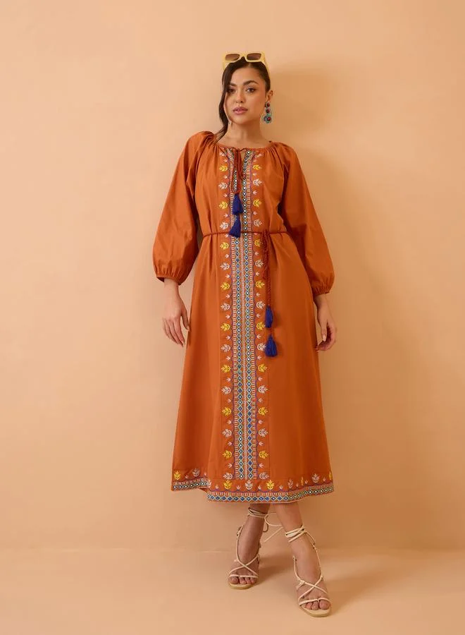 SASSAFRAS Orange Embroidered Neck Dori Midi Dress