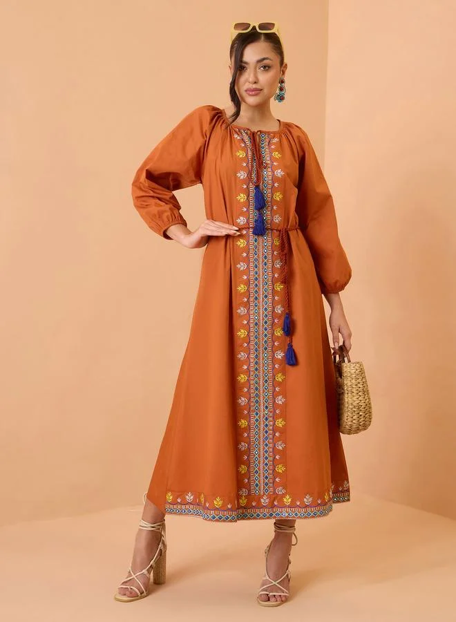 SASSAFRAS Orange Embroidered Neck Dori Midi Dress