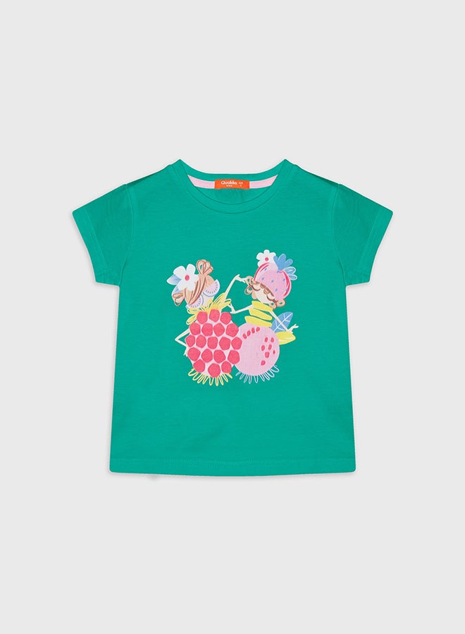 بنات بلوزة خضراء مطبوعة بأكمام قصيرة