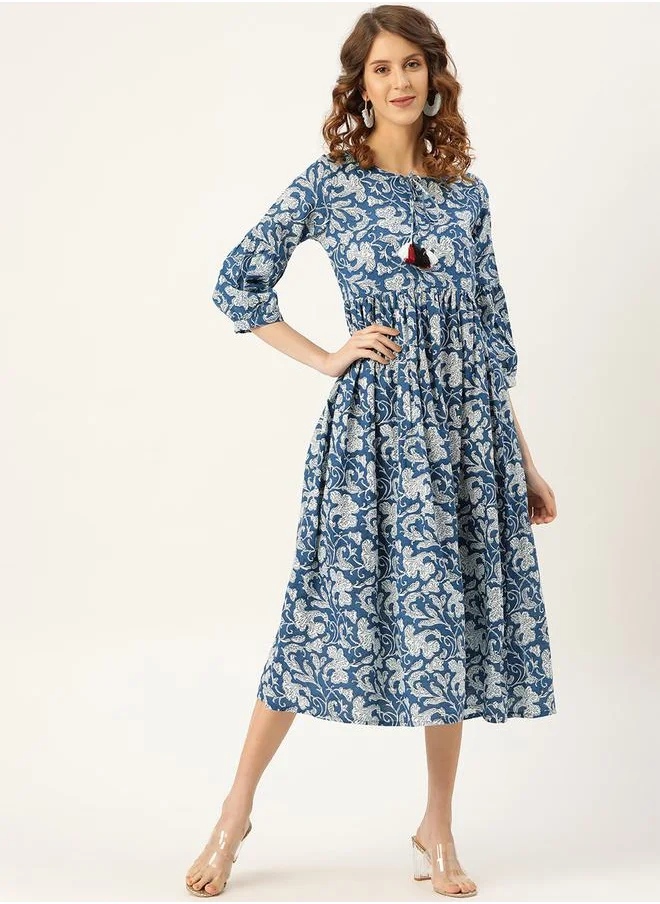 ساسافراس Floral Print Gathered Detail Midi Dress with Tie Up Neck Tassel Detail by Styli