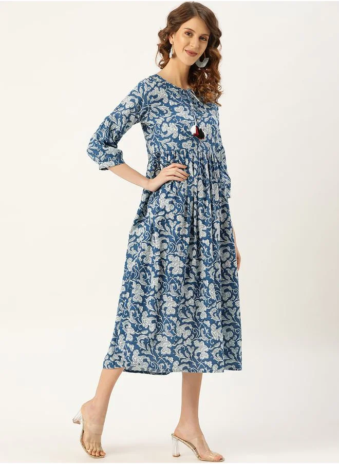 SASSAFRAS Floral Print Gathered Detail Midi Dress with Tie Up Neck Tassel Detail