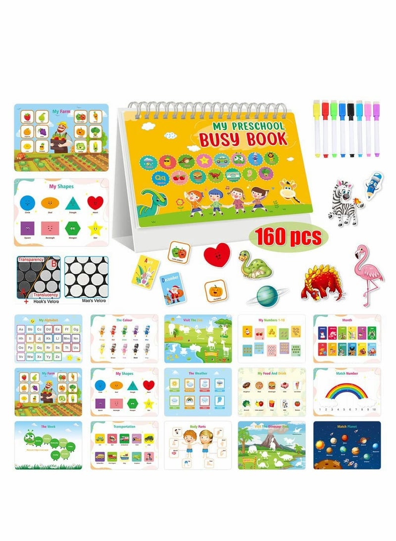 Educational Busy Books for School-Age Toddlers, Reusable Waterproof Learning Workbooks with 8 Brush Color Pens, 15 Topics to Enhance Fine Motor Skills (160 Pieces) 