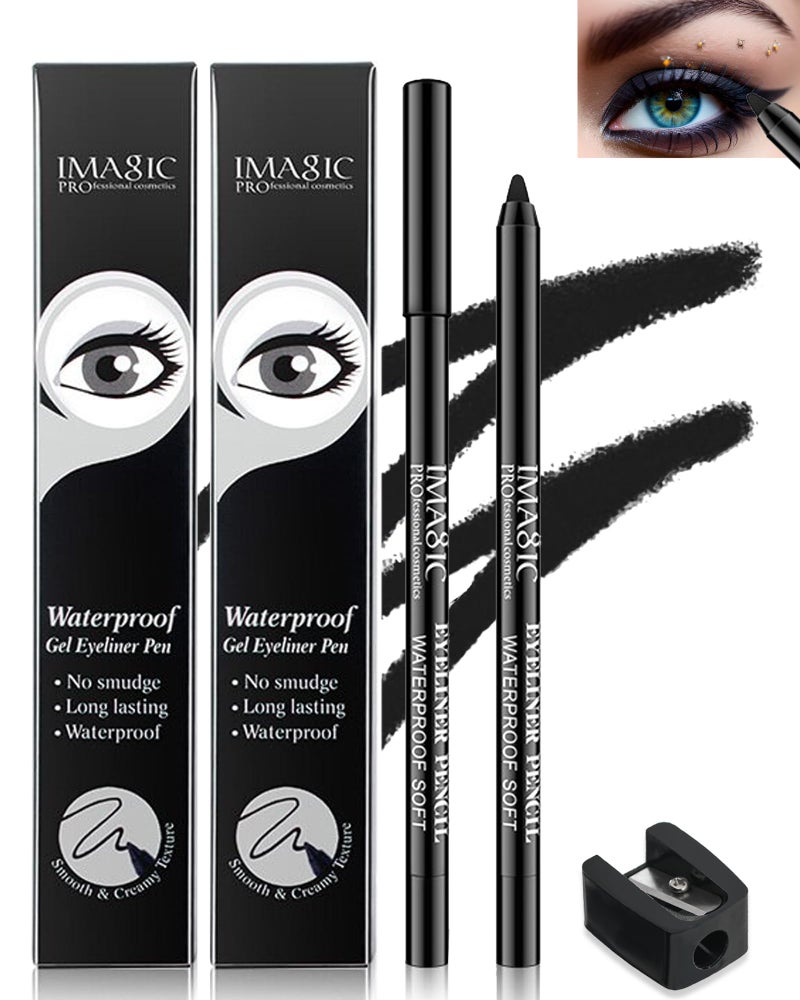 LYSdefeu 2Pcs Black Waterproof Smudge-proof Gel Eyeliner Pencil with Sharpener, Fade-Proof Eye Liner Pencil Smooth Water Line Pen,Thanksgiving Cat Eye/Smoky Eye Makeup Pen for Girls Mature Older Women - Image 1