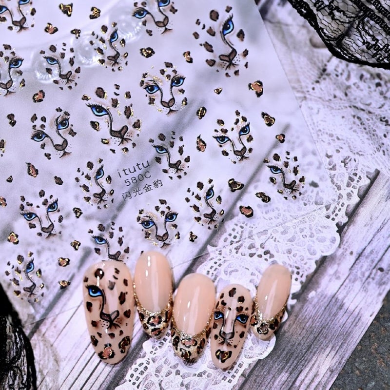 Sevgob Leopard Prints Nail Stickers 5D Embossed Brown Glitter Nail Decals Animal Prints Nail Designs Self Adhesive Spring Summer Nails Art Stickers for Women Girls DIY Manicure 1 Sheet - Image 1