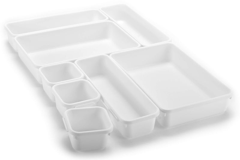 Masirs Interlocking Drawer Organizer Bins Durable Plastic Various Sizes for Custom Layout Design Great for Desk Drawer Tool Box or Garage Organization White 8Piece Set