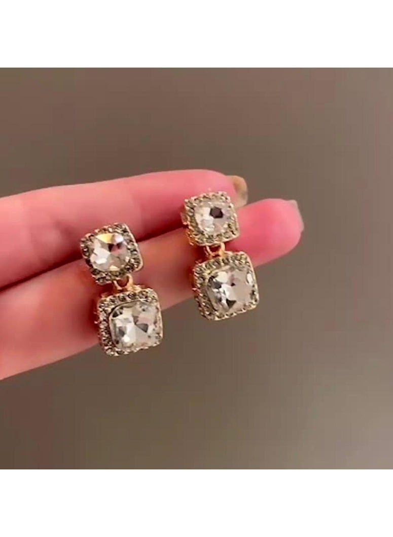 ُTablouhaty Royal Gold-Tone Cushion-Cut Crystal Drop Earrings – Elegant Double Tier Halo Dangle Studs - Image 1
