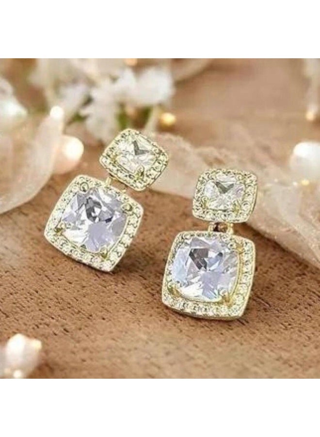 ُTablouhaty Royal Gold-Tone Cushion-Cut Crystal Drop Earrings – Elegant Double Tier Halo Dangle Studs - Image 2