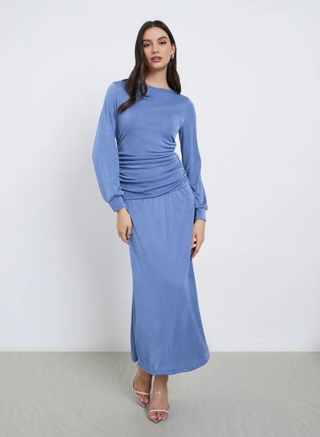 Styli Blue Gathered Detail Long Sleeve Midi Dress
