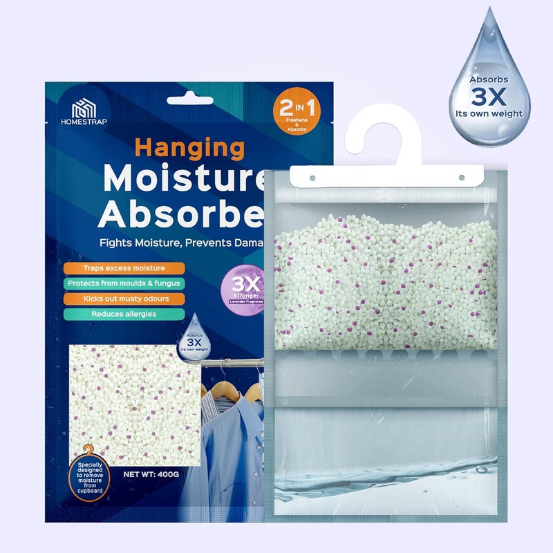 Homestrap 4 Pcs x 400 Gram Moisture Absorber Hanging Pouch with LongLasting Lavender FragranceTraps Moisture for Wardrobe and ClosetLavenderHanging Pouch - Image 3