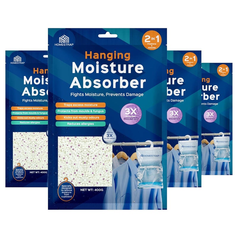 Homestrap 4 Pcs x 400 Gram Moisture Absorber Hanging Pouch with LongLasting Lavender FragranceTraps Moisture for Wardrobe and ClosetLavenderHanging Pouch - Image 1