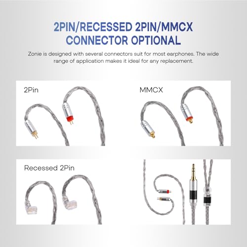 Linsoul كابل Linsoul Tripowin Zonie IEM، 16 نواة مطلية بالفضة، كابلات سماعات أذن محدثة، 1.25م SPC في كابل مراقبة الأذن لـ 7hz Zero:2 Orchestra Lite Cadenza Hype4 Supermix4(2pin 0.78mm، 3.5mm)(رمادي) - Image 4