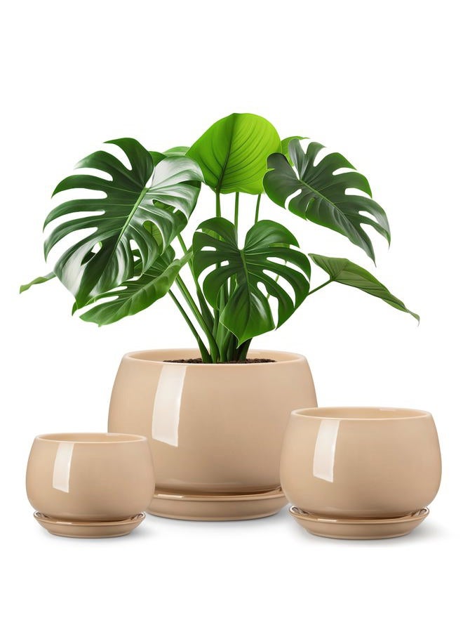 vancasso 3-Pack Ceramic Plant Pots, 3.7/4.8/6.2 Inch Indoor Planters with Saucers & Drainage Hole Planter pots for Indoor Plants and Flower, Brown - Image 1