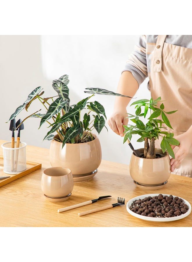 vancasso 3-Pack Ceramic Plant Pots, 3.7/4.8/6.2 Inch Indoor Planters with Saucers & Drainage Hole Planter pots for Indoor Plants and Flower, Brown - Image 4