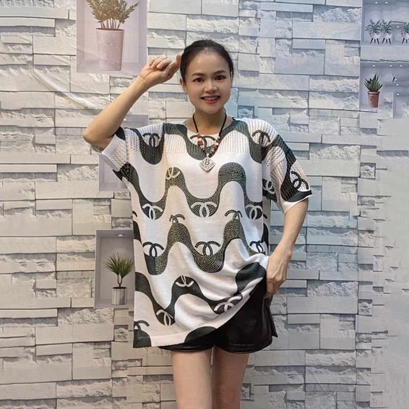 Heavy-Duty Diamond Short-Sleeved T-Shirt Women'S Age-Reducing Vintage Phoenix Printed Loose Large-Size Sweater Top Breathable Ice Silk - Image 1