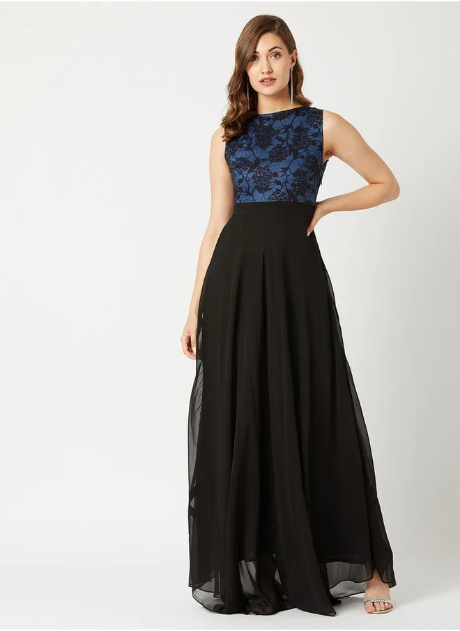 Miss Chase Floral Mesh Insert A-Line Maxi Dress by Styli