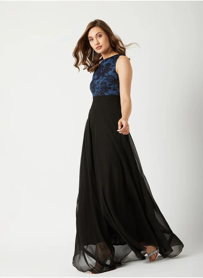 Miss Chase Floral Mesh Insert A-Line Maxi Dress by Styli
