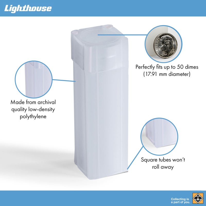 Leuchtturm Lighthouse - Square Coin Tubes - Convenient Push Top, Virtually Unbreakable, Acid Free and Archival Quality - Coin Tubes for US Dimes, 10 Pack - Image 2