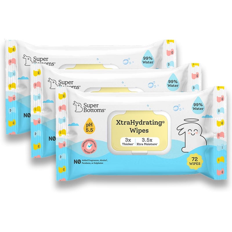 Superbottoms مناديل مبللة للأطفال من سوبر بوتومز 99% ماء نقي - تركيبة صديقة للبشرة بــ 5.5 pH - مناديل مبللة لطيفة وقابلة للتحلل البيولوجي للأطفال - مختبرة جلدياً - سميكة ومتينة (عبوة من 3، 216 قطعة) - Image 1