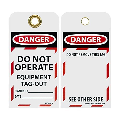 NMC LOTAG13 DANGER DO NOT OPERATE EQUIPMENT TAG-OUT Tag – [Pack of 10] 3 in. x 6 in. Vinyl 2 Side Danger Tag with White/Black Text on Red/White Base - Image 1
