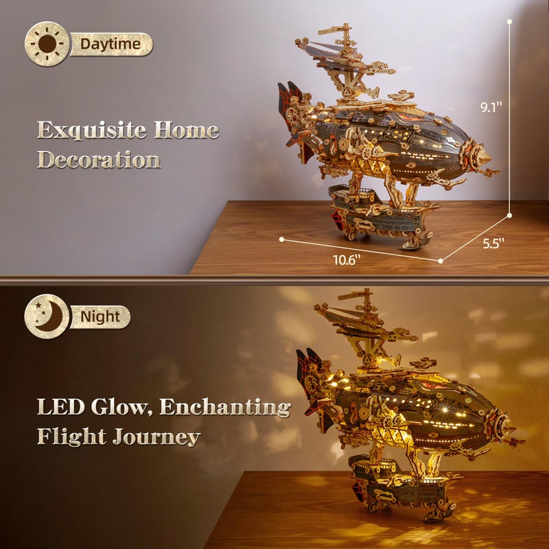 FUNPOLA LED 3D Wood Puzzle Fantasy Airship Model - Steampunk DIY Craft Kit with LED Lights â€“ Intricate Wooden Airship Model Building Set for Teens and Adults(Gray) - Image 5