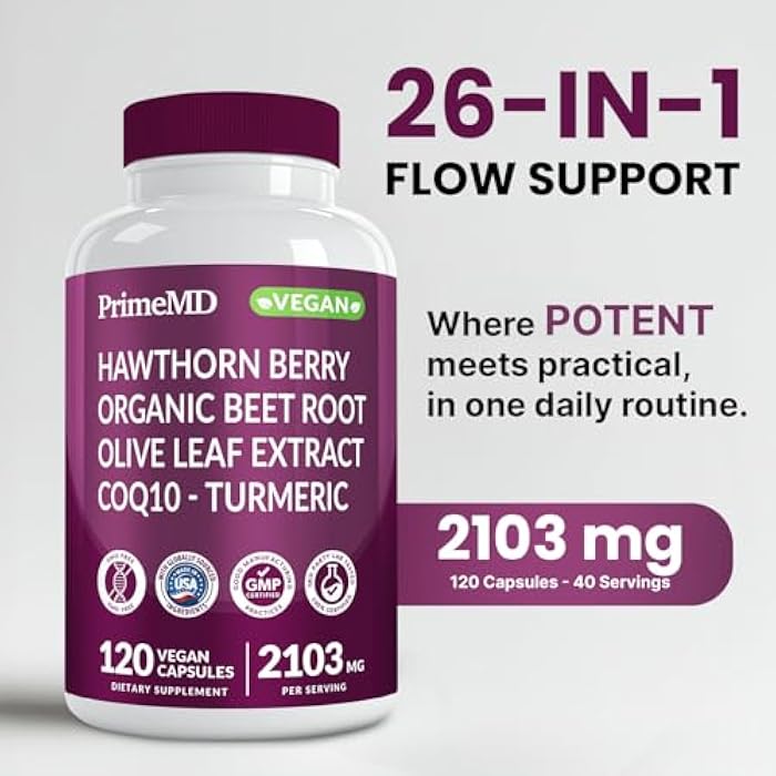 PrimeMD 26-in-1 Nitric Oxide Supplements for Men & Women 2103mg - Beet Root Capsules with CoQ10, Blood Pressure Supplements with Hawthorn Berry, Turmeric & Garlic - Heart Health Supplements (240 Count) - Image 2