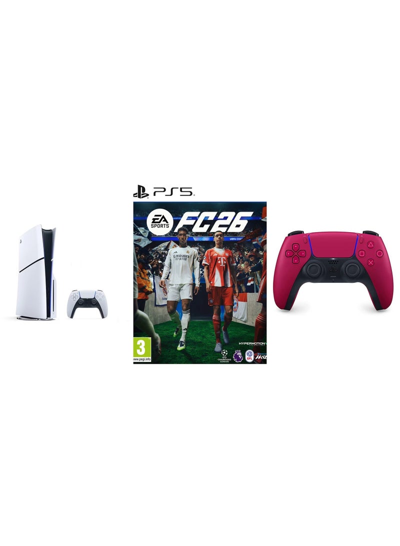 سوني وحدة تحكم بلاي ستيشن 5 ديسك سليم مع وحدة تحكم كوزميك ريد الإضافية و FC 26 - (نسخة دولية) - Image 1