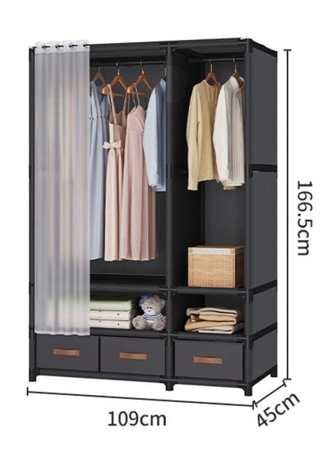 Arabest Portable Wardrobe Storage Cabinet With 3 Drawers, Hanging Wardrobe With Hanging Rod, Clothing Storage Cabinet With Curtains, Suitable For Living Room, Bedroom, Cloakroom, (black) - Image 3