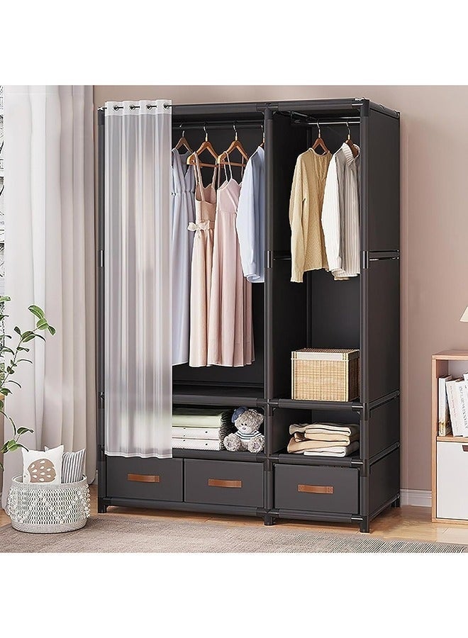 Arabest Portable Wardrobe Storage Cabinet With 3 Drawers, Hanging Wardrobe With Hanging Rod, Clothing Storage Cabinet With Curtains, Suitable For Living Room, Bedroom, Cloakroom, (black) - Image 4