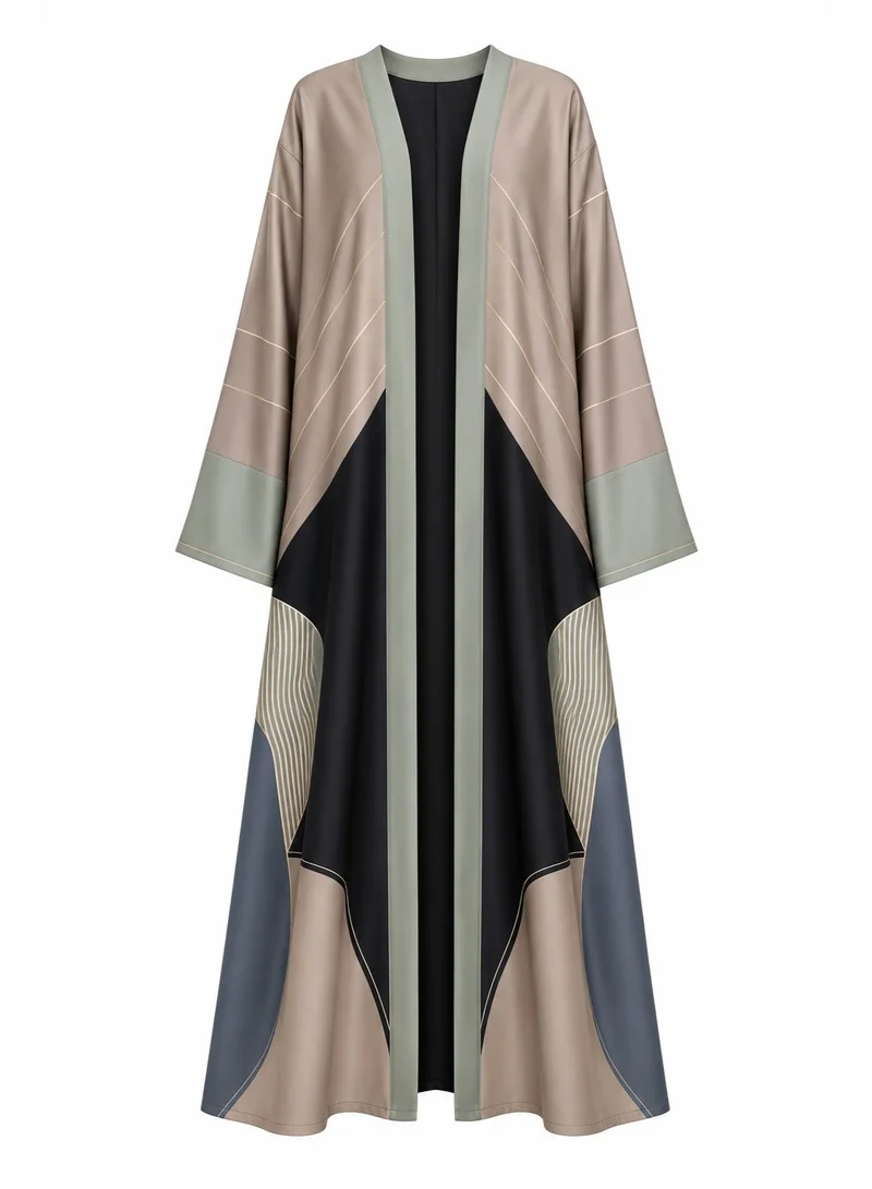 Amnad International Women's Silk Open Abaya Colorblock with Matching Hijab - Black, Taupe & Sage Green with Gold Line Detail, Sizes 52-60 inches