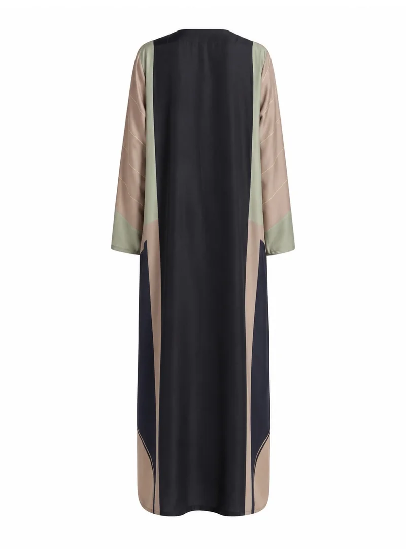 Amnad International Women's Silk Open Abaya Colorblock with Matching Hijab - Black, Taupe & Sage Green with Gold Line Detail, Sizes 52-60 inches