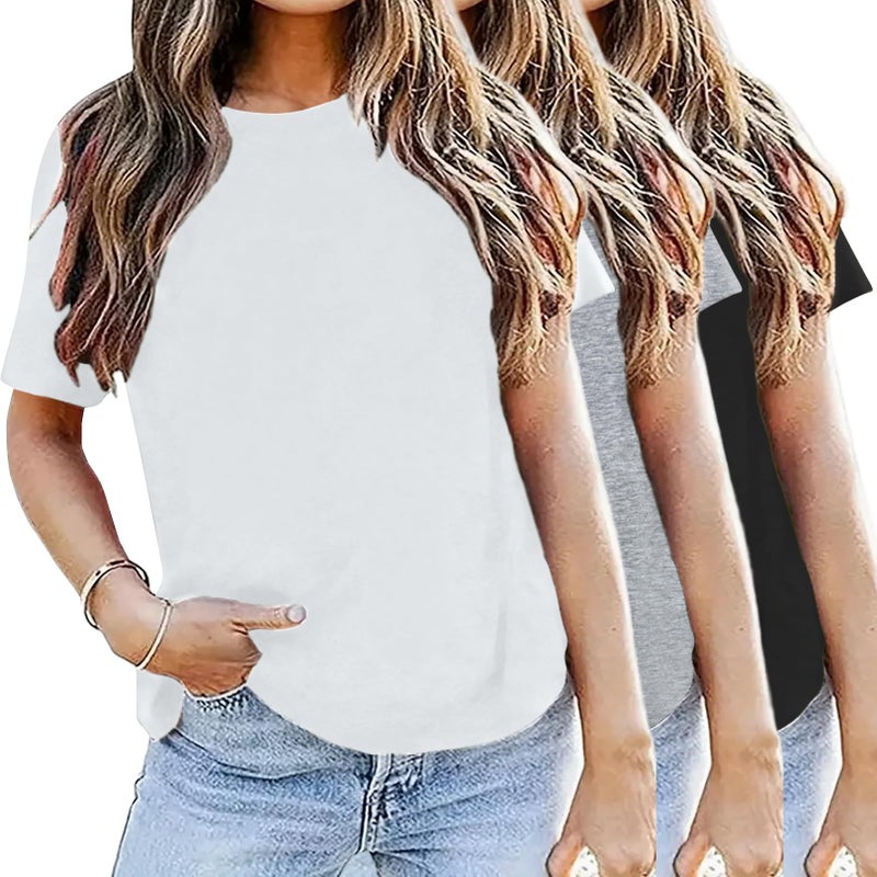 LOOKFACE 3 Pack Womens Basic T Shirts Summer Tops 2026 Short Sleeve Tees Comfy Casual Vacation Clothes Black Grey White - Image 2