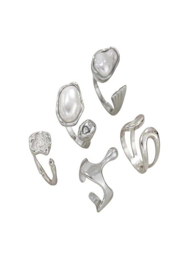 IS4U Chunky Gold/Silver Rings Set for Women Vintage Baroque Pearl Stackable Knuckle Rings Statement Irregularity liquid State Adjustable Rings Set Simple Fashion Jewellery (Silver1) - Image 1