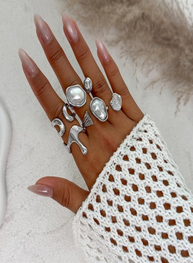 IS4U Chunky Gold/Silver Rings Set for Women Vintage Baroque Pearl Stackable Knuckle Rings Statement Irregularity liquid State Adjustable Rings Set Simple Fashion Jewellery (Silver1) - Image 2