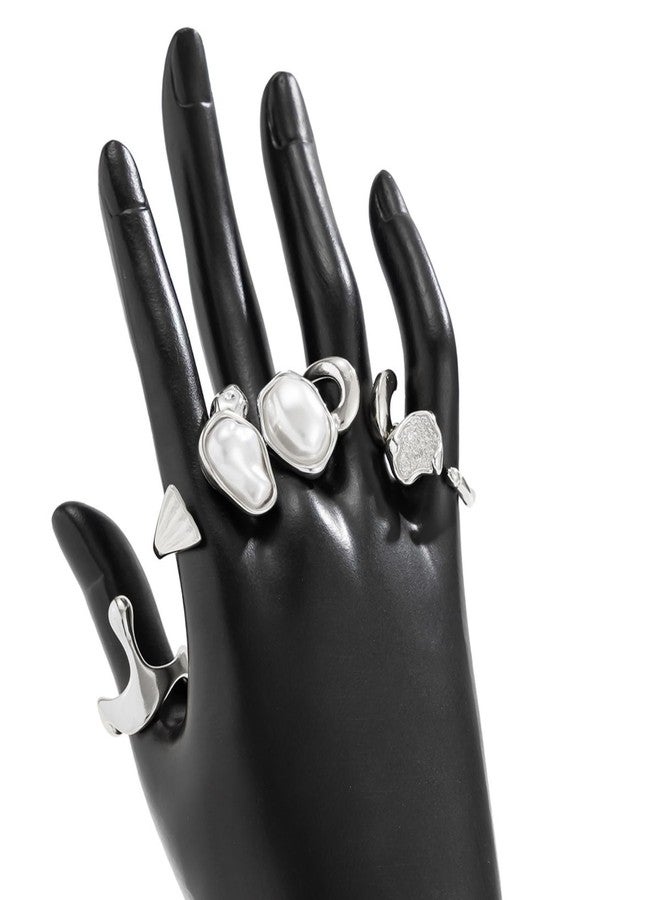 IS4U Chunky Gold/Silver Rings Set for Women Vintage Baroque Pearl Stackable Knuckle Rings Statement Irregularity liquid State Adjustable Rings Set Simple Fashion Jewellery (Silver1) - Image 4