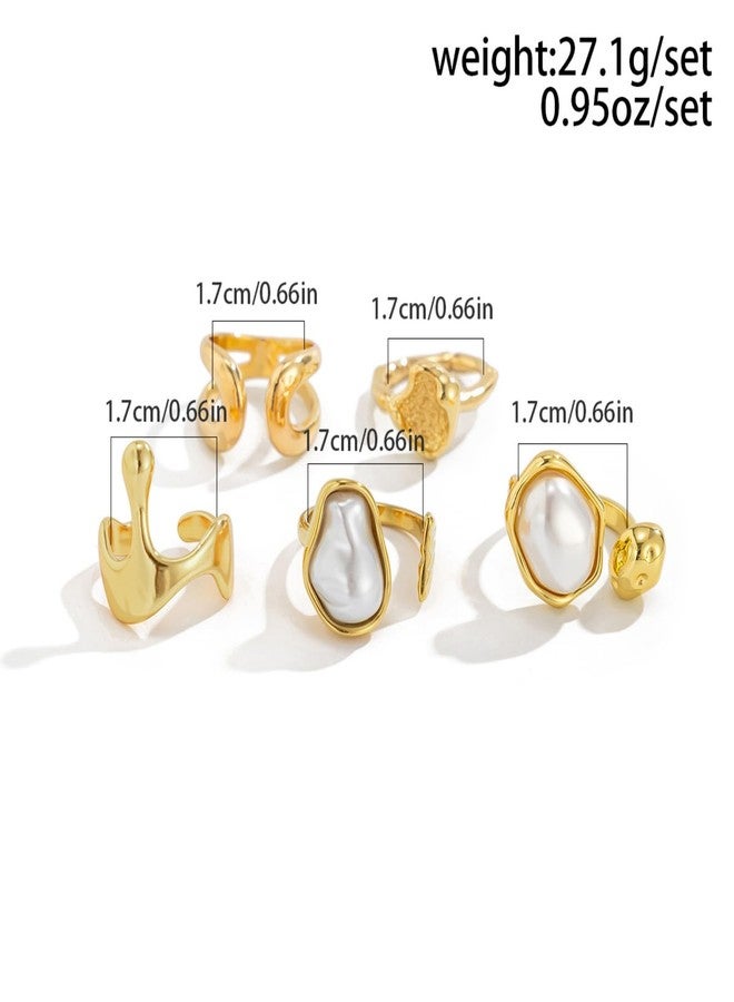 IS4U Chunky Gold/Silver Rings Set for Women Vintage Baroque Pearl Stackable Knuckle Rings Statement Irregularity liquid State Adjustable Rings Set Simple Fashion Jewellery (Silver1) - Image 5