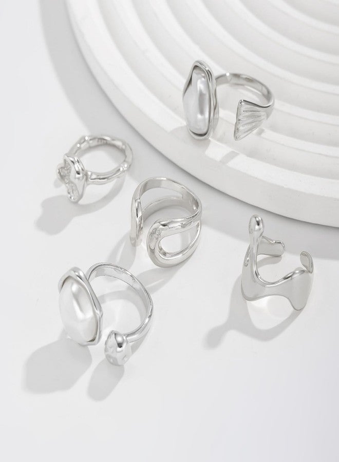 IS4U Chunky Gold/Silver Rings Set for Women Vintage Baroque Pearl Stackable Knuckle Rings Statement Irregularity liquid State Adjustable Rings Set Simple Fashion Jewellery (Silver1) - Image 3
