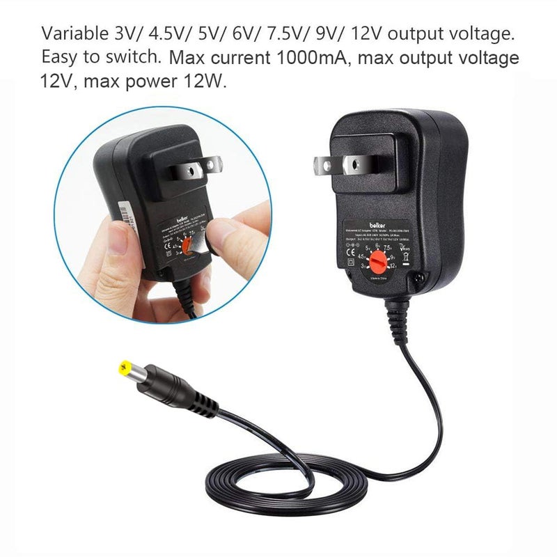 Belker محول طاقة عالمي AC/DC قابل للتعديل 12W 3V 4.5V 5V 6V 7.5V 9V 12V للأجهزة المنزلية، Micro USB - 1A كحد أقصى. - Image 5