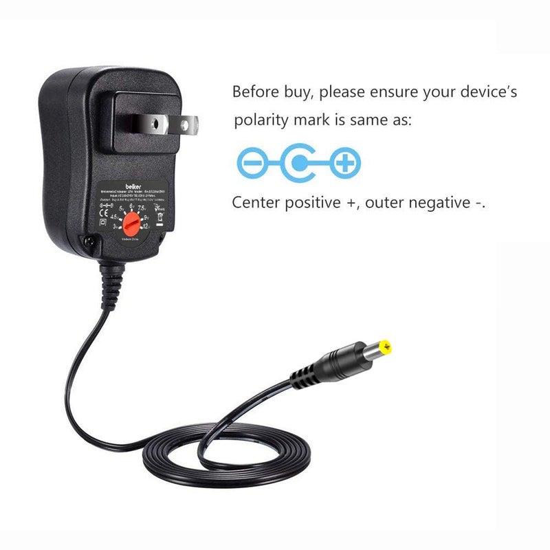 Belker محول طاقة عالمي AC/DC قابل للتعديل 12W 3V 4.5V 5V 6V 7.5V 9V 12V للأجهزة المنزلية، Micro USB - 1A كحد أقصى. - Image 4