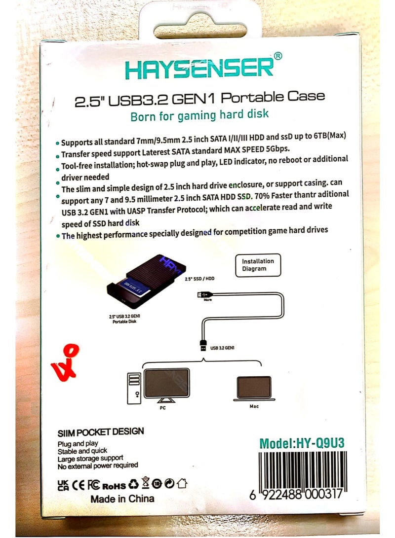 Haysenser 2.5" Micro Portable SATA to USB Case – USB 3.2 Gen 1, Ultra-Fast Speed Model: HY-Q9U3 - Image 3