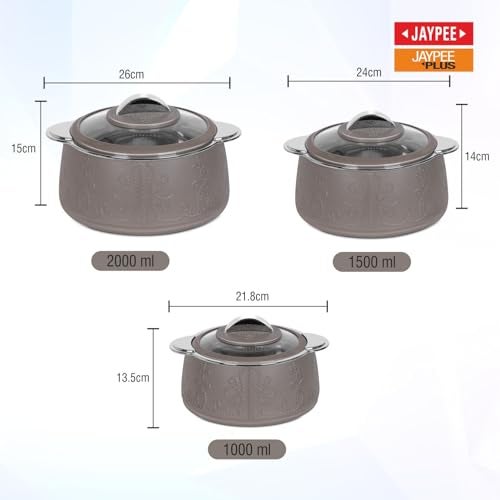 JAYPEE PLUS Jaypee Fabrene Serving Set Casserole Set of 3 PUF Insulated |Inner Stainless Steel |Anti Lock Lid Toughened Glass | Hot Box for Serve Chapatti, Dishes, 1000+1500+2000 ml, Beige - Image 5