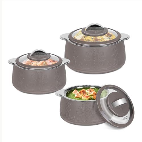 JAYPEE PLUS Jaypee Fabrene Serving Set Casserole Set of 3 PUF Insulated |Inner Stainless Steel |Anti Lock Lid Toughened Glass | Hot Box for Serve Chapatti, Dishes, 1000+1500+2000 ml, Beige - Image 1