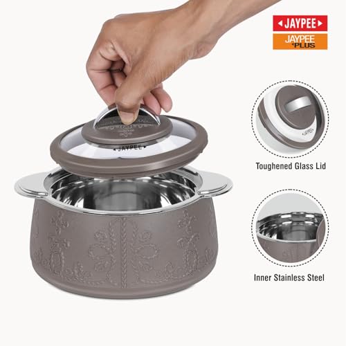 JAYPEE PLUS Jaypee Fabrene Serving Set Casserole Set of 3 PUF Insulated |Inner Stainless Steel |Anti Lock Lid Toughened Glass | Hot Box for Serve Chapatti, Dishes, 1000+1500+2000 ml, Beige - Image 4